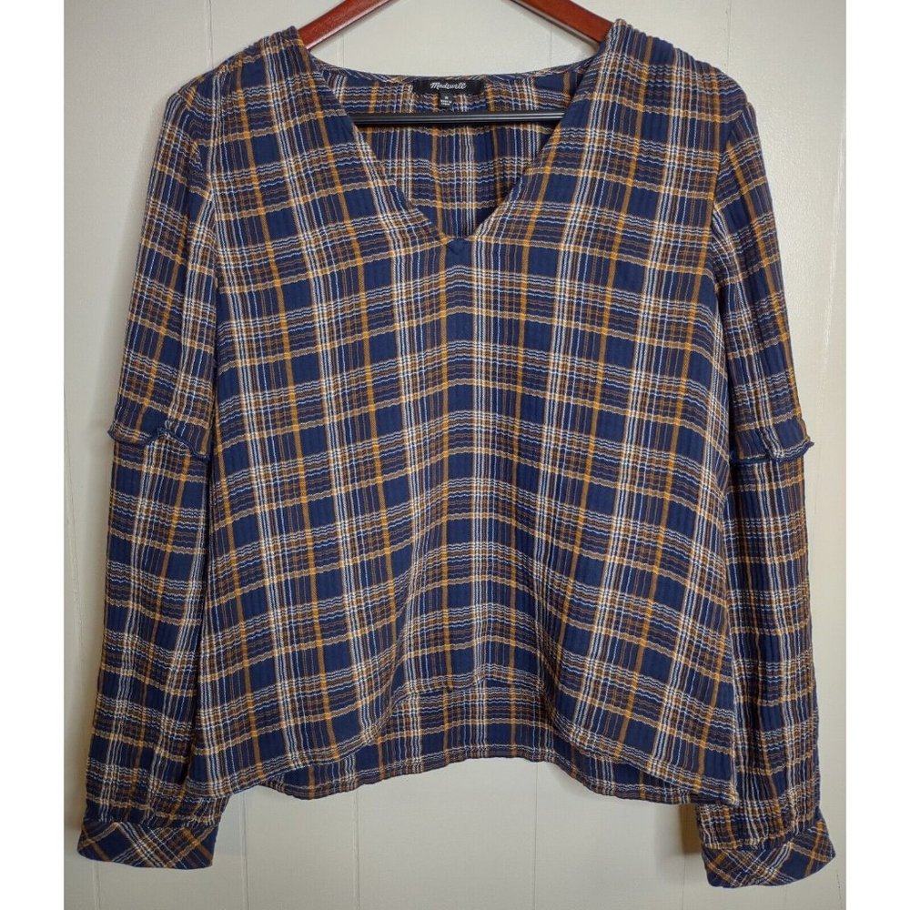 Madewell Plaid Ruffled Top Blouse V-Neck Blue Orange Textured Cotton Women's Med